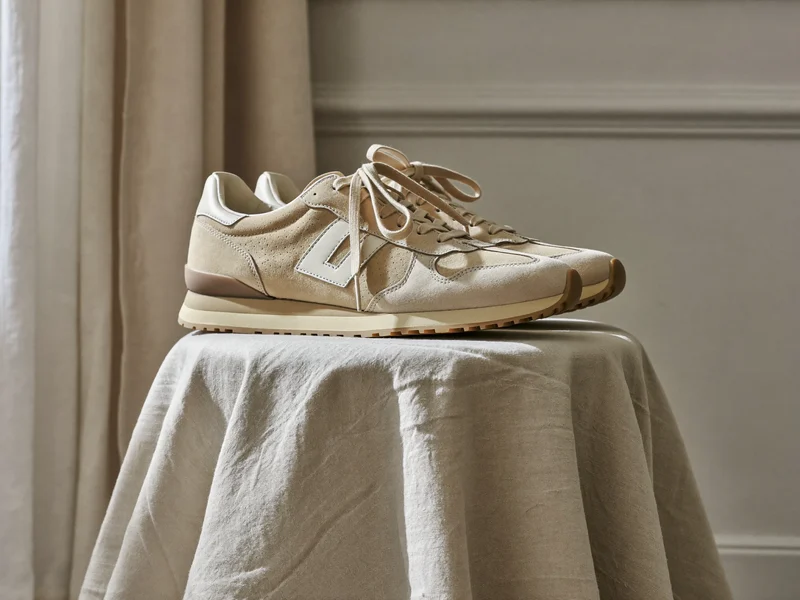 Retro-Wildledersneaker in Sand und Creme auf einem leinenbedeckten Hocker