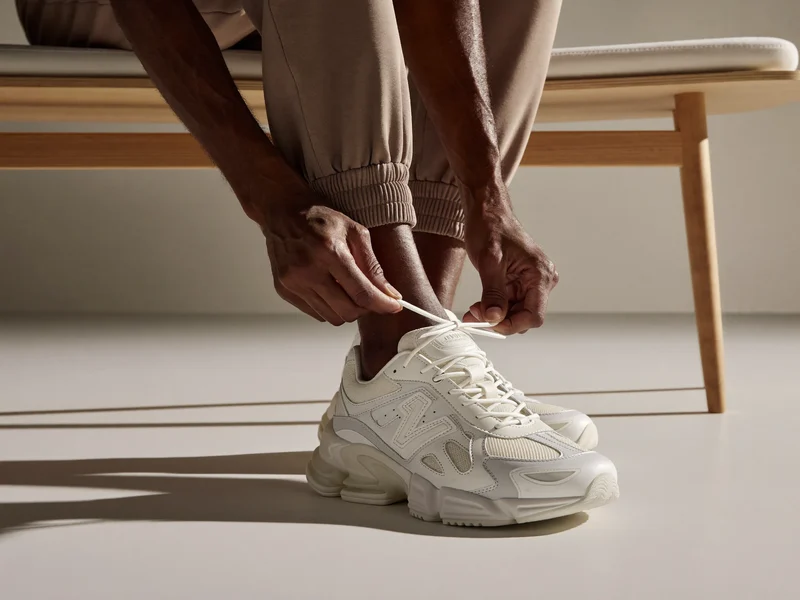 Person auf einer Holzbank beim Schnüren eines Sneakers, nur Beine und Hände sichtbar