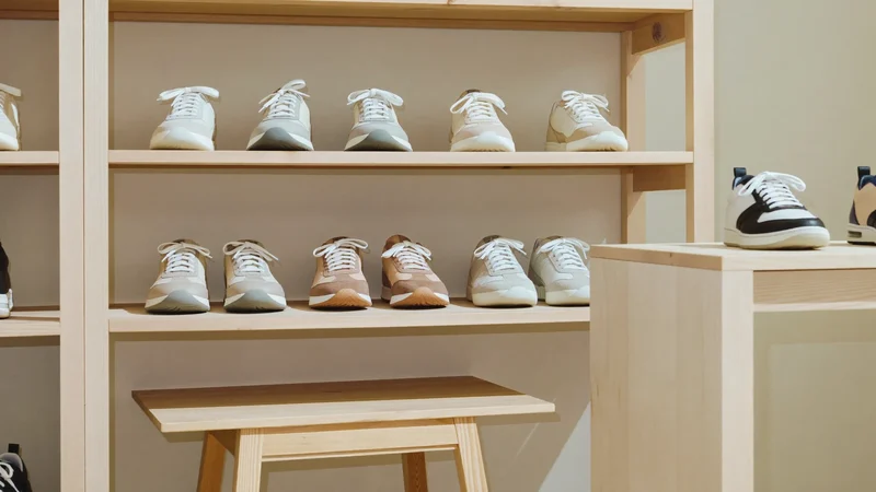 Mehrere Sneakerpaare ordentlich auf offenen hellen Holzregalen in einer luftigen Ecke